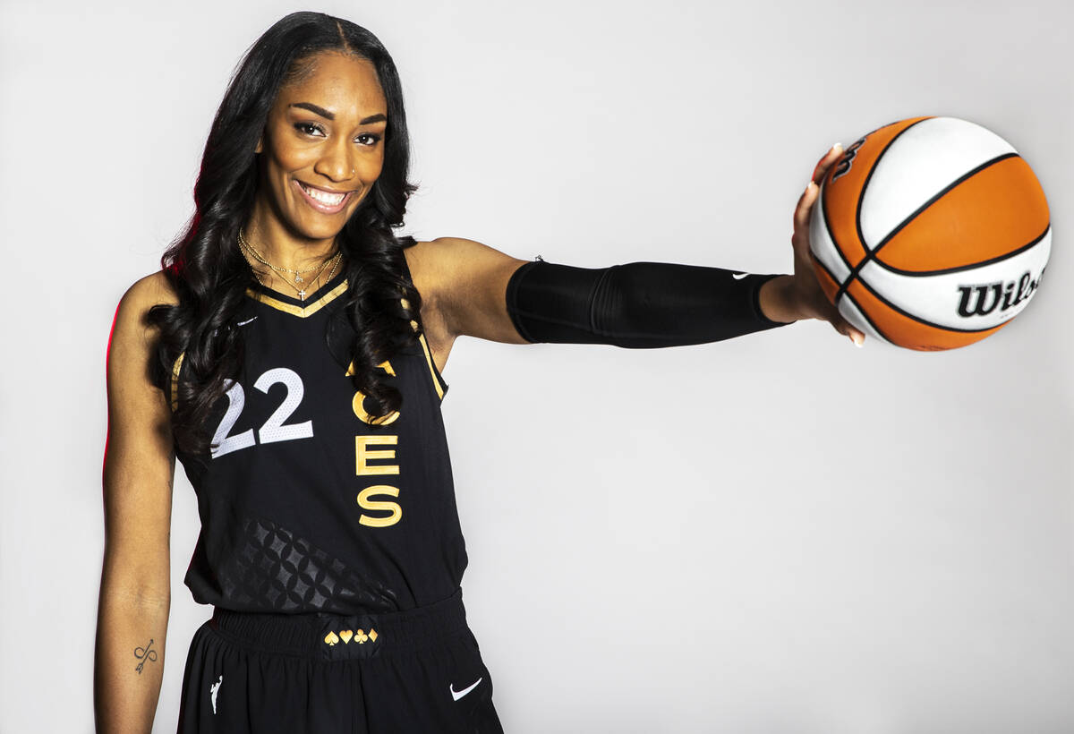 Las Vegas Aces forward A'ja Wilson (22) during media day at Michelob ULTRA Arena on Monday, May ...