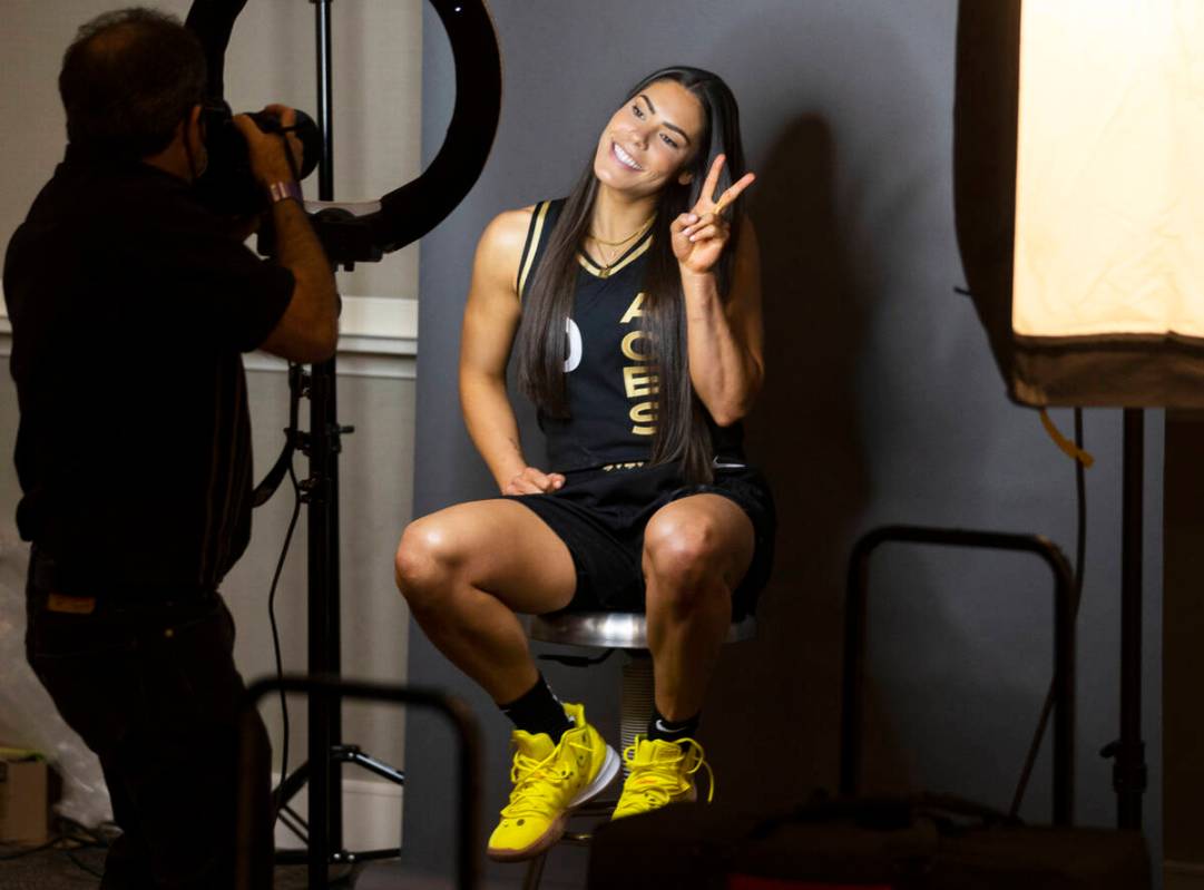 Las Vegas Aces guard Kelsey Plum (10) during media day at Michelob ULTRA Arena on Monday, May 2 ...