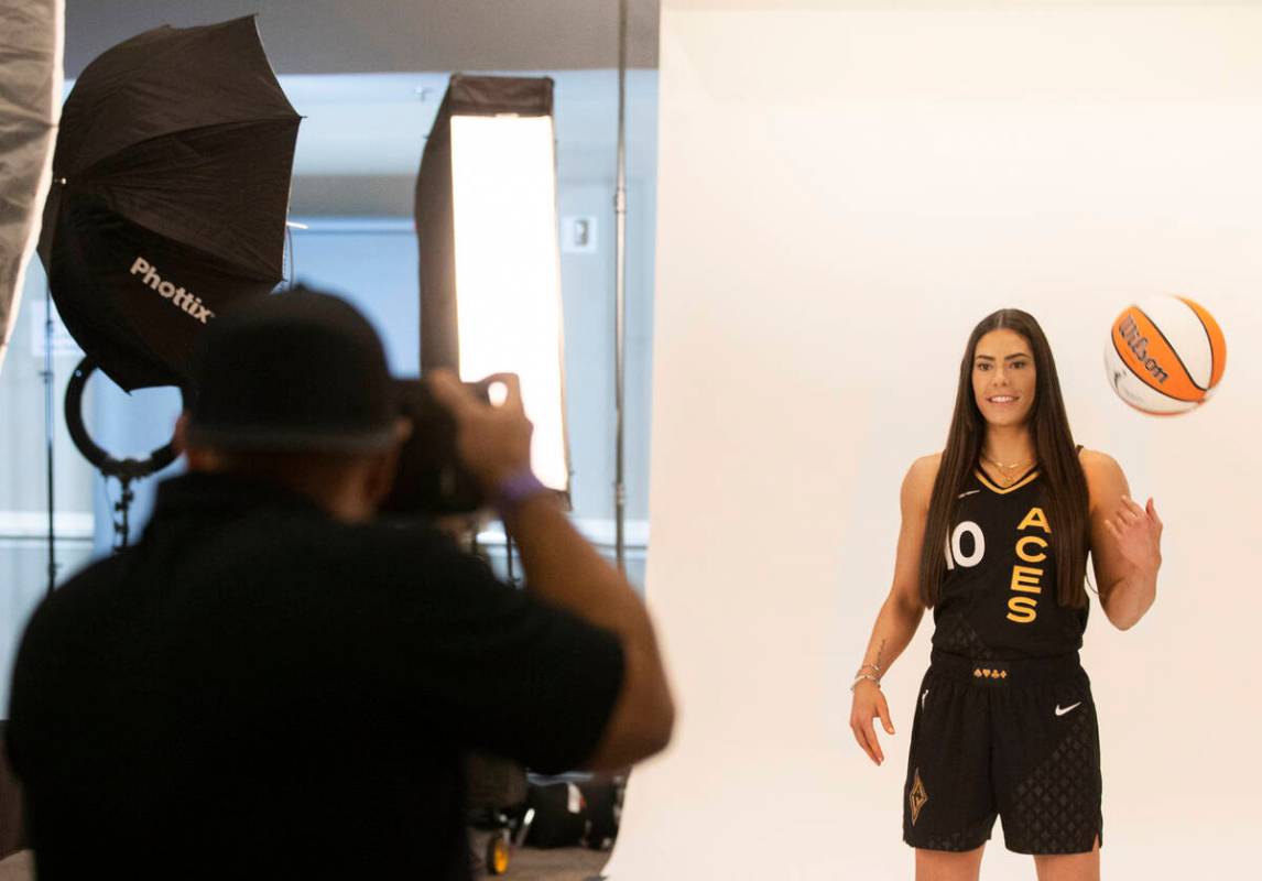 Las Vegas Aces guard Kelsey Plum (10) during media day at Michelob ULTRA Arena on Monday, May 2 ...