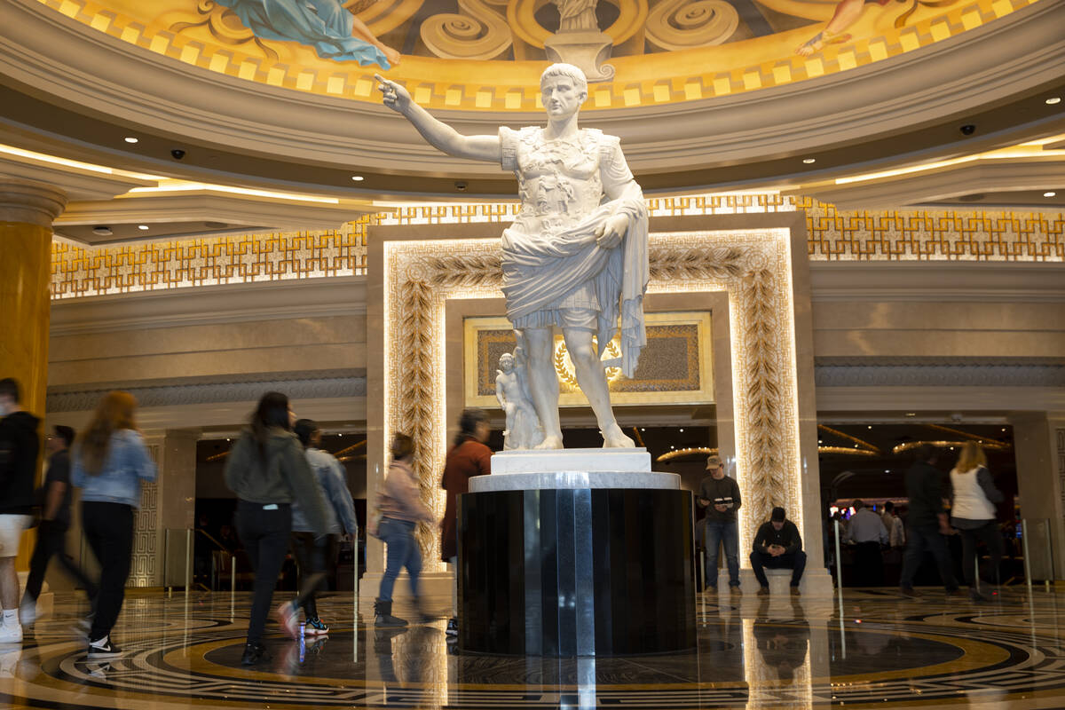 A new 15-foot-statue of Caesar Augustus is seen inside of the remodeled main entrance to Caesar ...