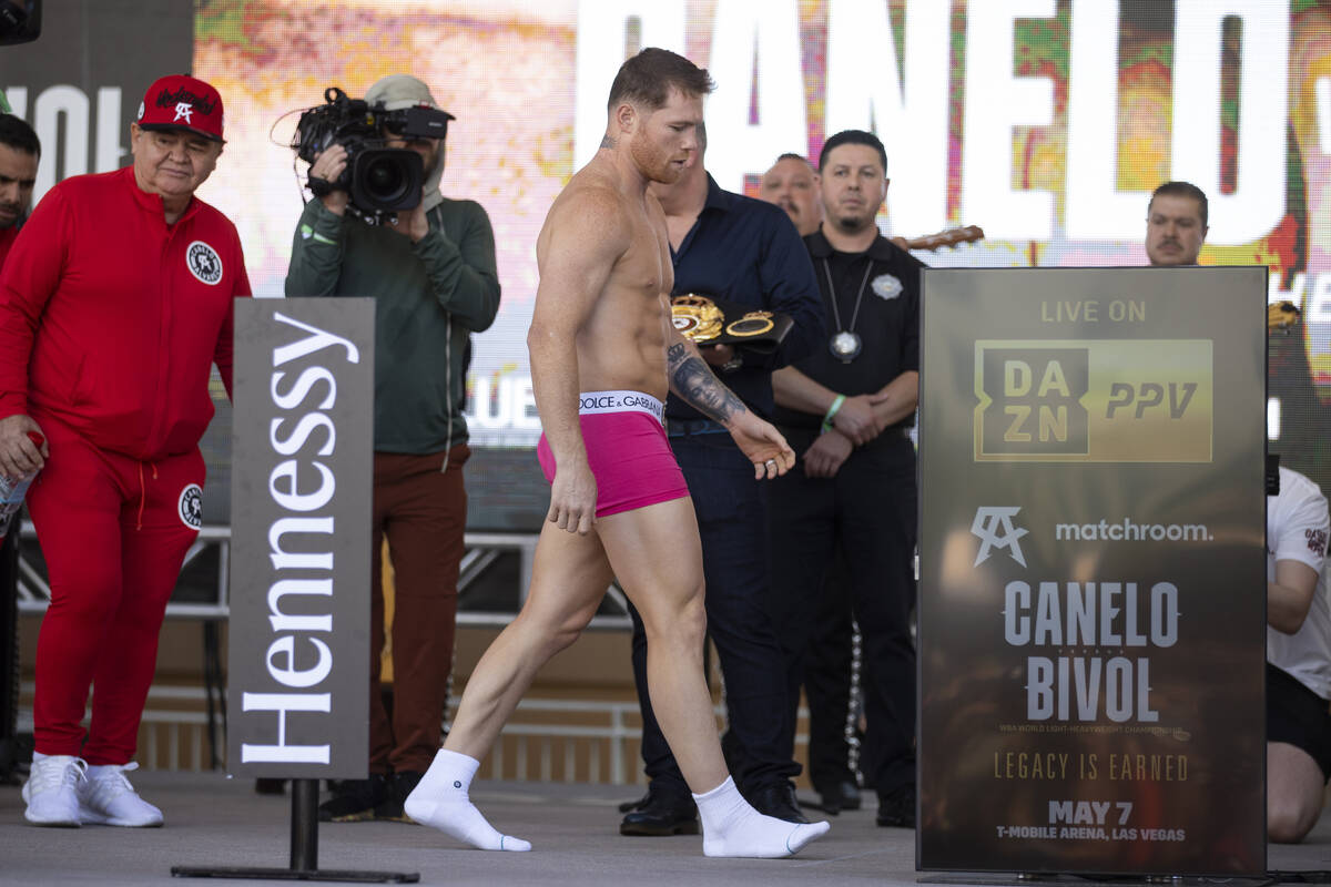 Saul “Canelo” Alvarez takes the stage for a ceremonial weigh-in event at Toshiba ...