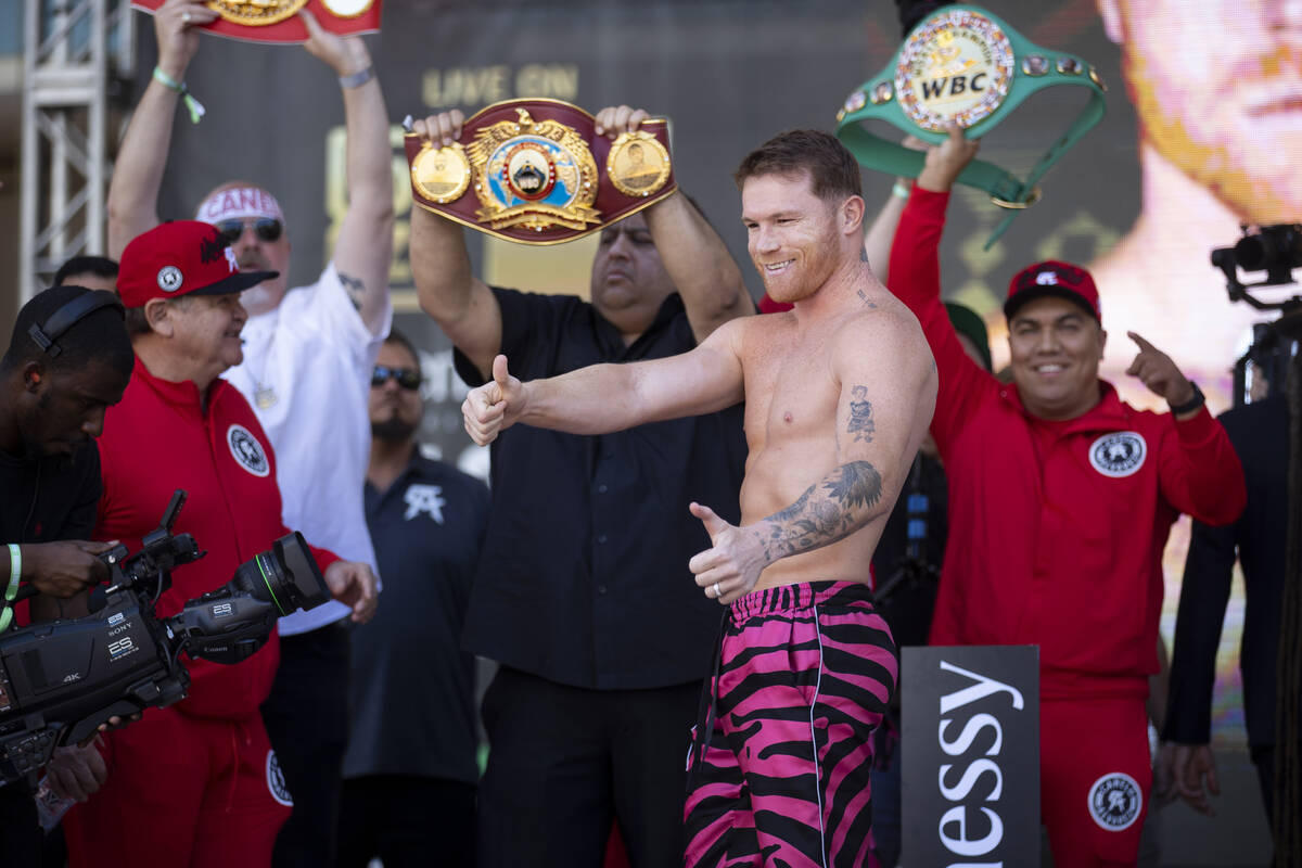 Saul “Canelo” Alvarez gestures on stage during a ceremonial weigh-in event at Tos ...