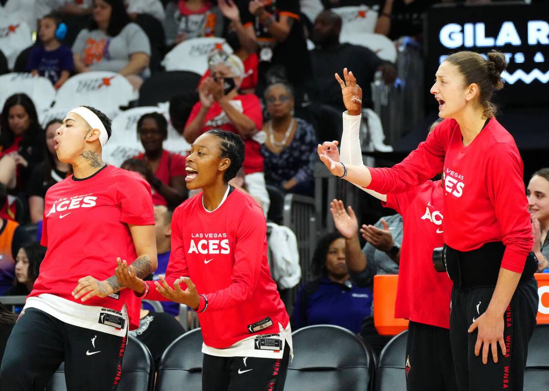 May 6, 2022; Phoenix, Arizona; USA; The Aces bench reacts after a basket against the Mercury du ...