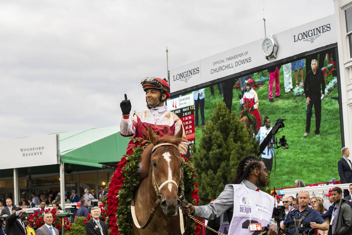 IMAGE DISTRIBUTED FOR LONGINES - Rich Strike, ridden by jockey Sonny Leon, wins the 148th Kentu ...