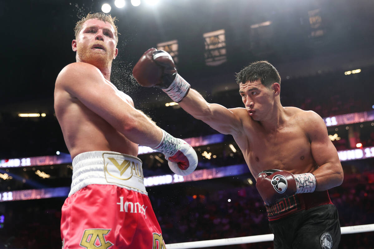 Dmitry Bivol throws a punch against Saul “Canelo” Alvarez in the 11th round of th ...