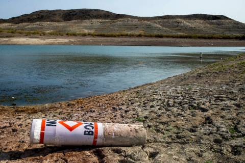 A buoy is seen on the shore at the Lake Mead National Recreation Area on Tuesday, Aug. 17, 2021 ...