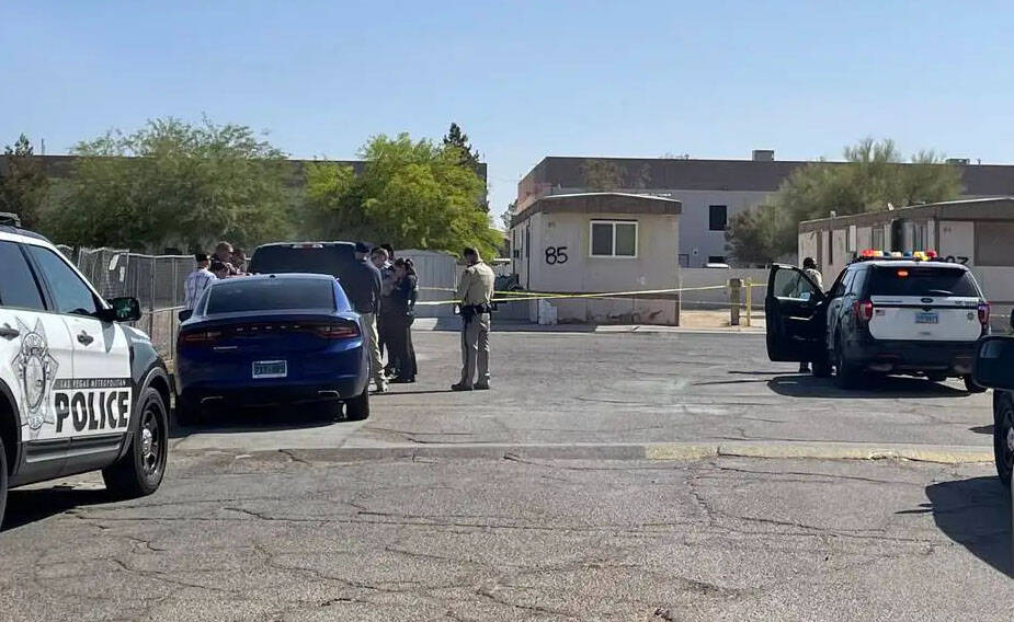 In this April 29, 2022, file photo, Las Vegas police investigate a homicide on the 3900 block o ...