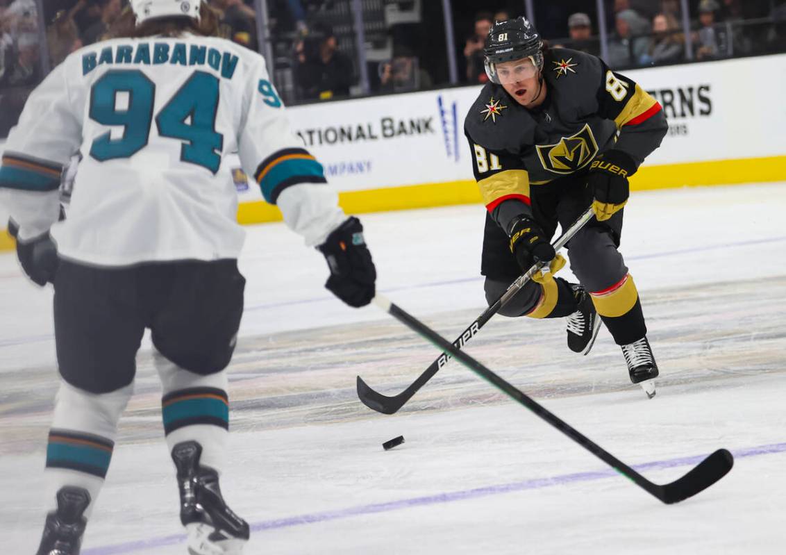 Golden Knights center Jonathan Marchessault (81) skates with the puck during the first period o ...
