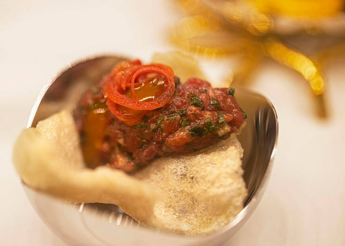 Dry aged Mishima beef tartare with hen egg puree at Le Cirque on Wednesday, Oct. 27, 2021, at B ...