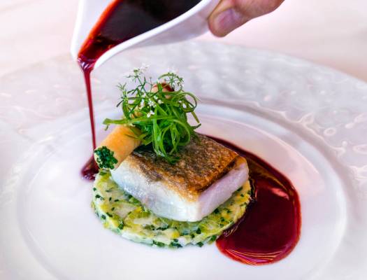 Brittany sea bass with leek fondue at Le Cirque restaurant within the Bellagio on Wednesday, Ma ...
