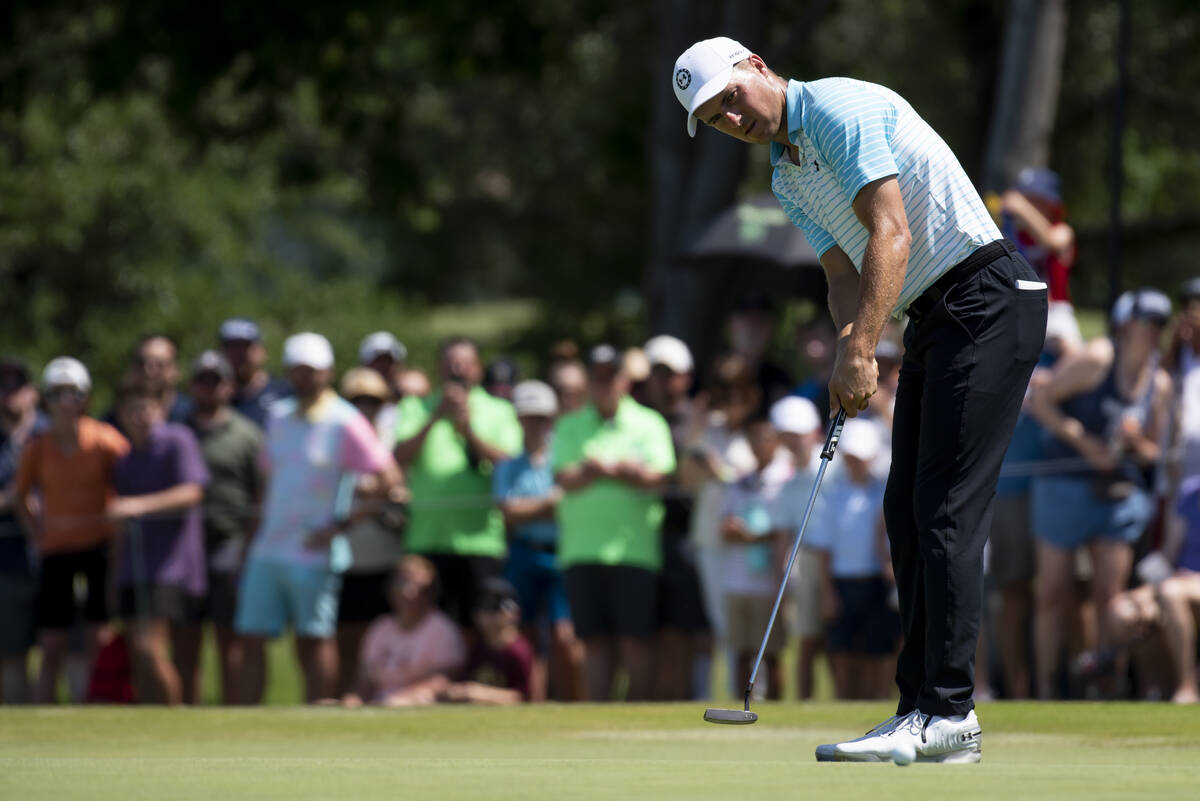 Jordan Spieth putts on the first hole during the fourth round of the AT&T Byron Nelson golf ...