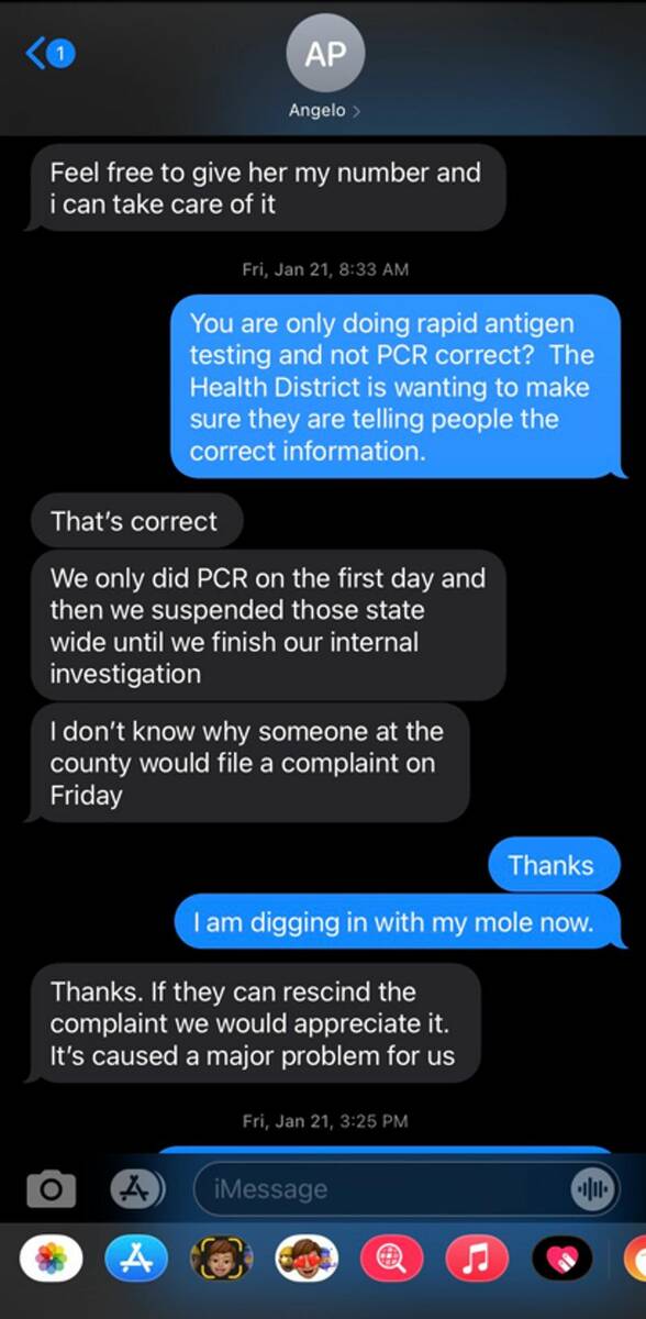 A text message exchange between Northshore’s Angelo Palivos and Washoe County Assistant Manag ...