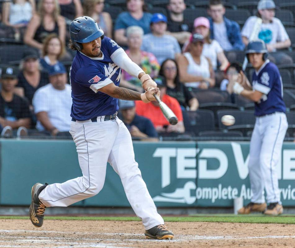 Shadow Ridge batter Nolan Aurifonti (45) crushes a Legacy pitch during their Class 4A state tou ...