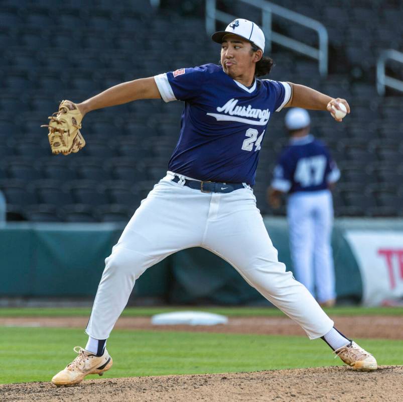 Shadow Ridge pitcher Noah Egbalic (24) winds up for a throw to a Legacy batter during their Cla ...