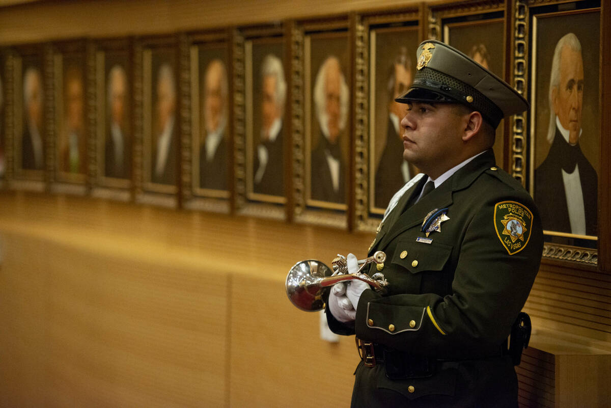 Officer Victor Noriega watches the Southern Nevada Law Enforcement Memorial on Thursday, May 19 ...