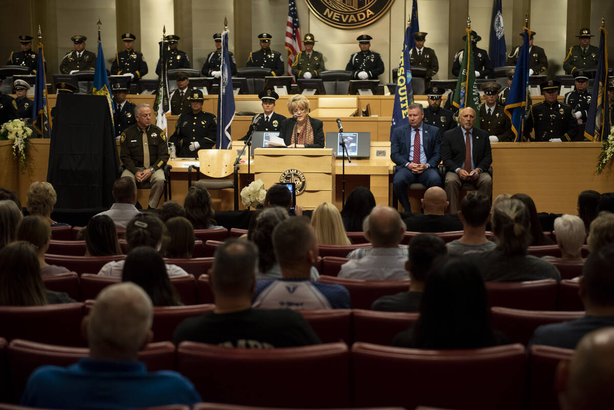 Las Vegas Mayor Carolyn Goodman delivers her remarks at the Southern Nevada Law Enforcement Mem ...