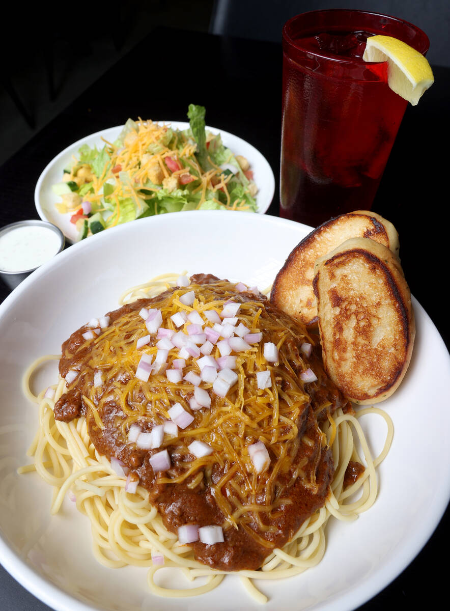 Chili Spaghetti with side salad and blue cheese dressing at Big Boy Tavern in the Skye Canyon c ...