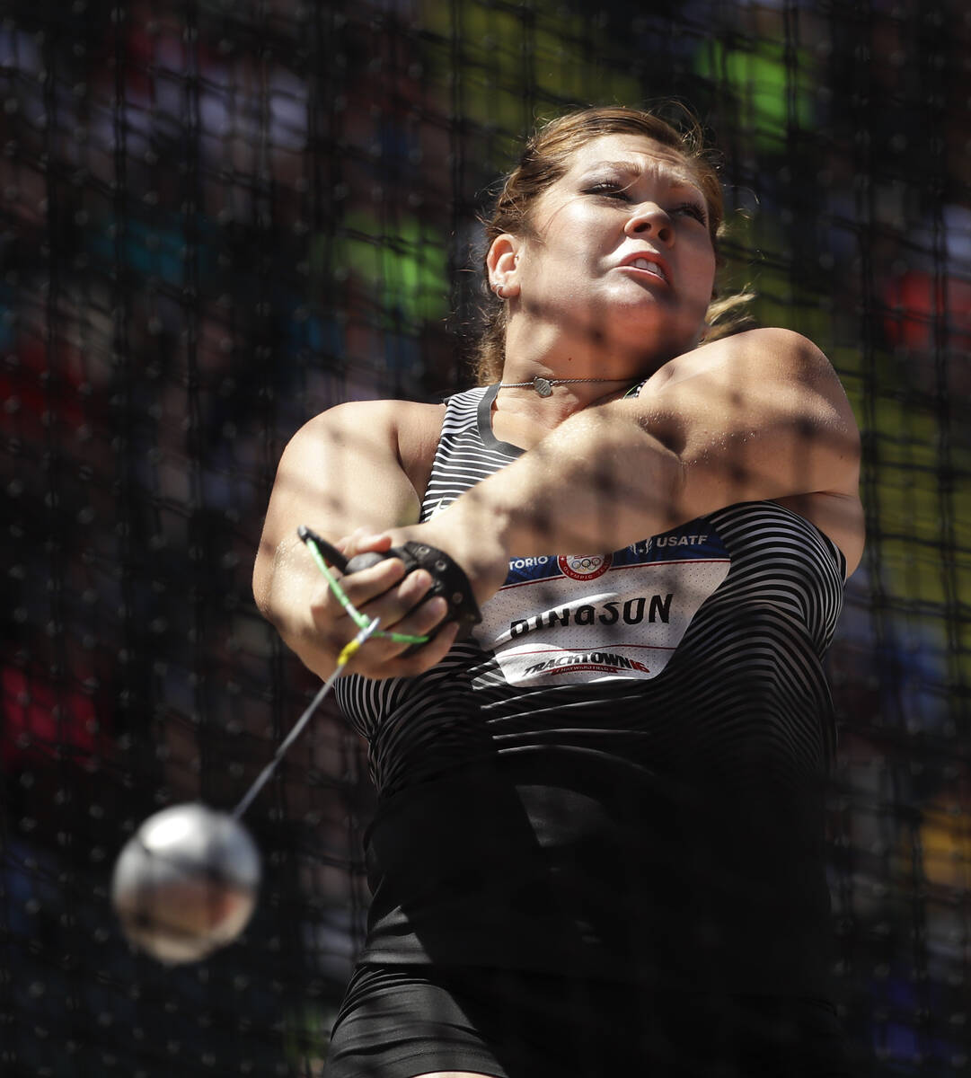 Amanda Bingson competes during qualifying for women's hammer throw at the U.S. Olympic Track an ...