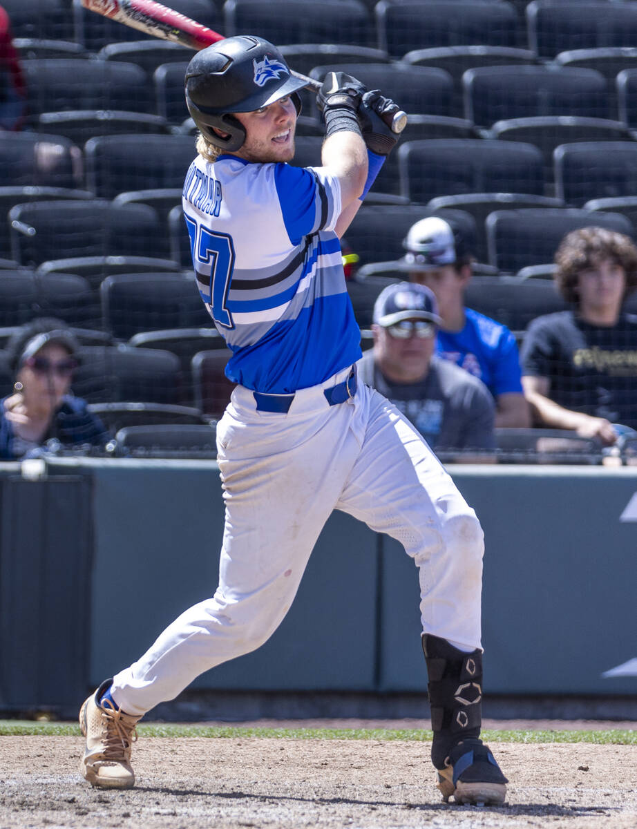 Basic batter Chase Ditmar (77) connects with another long ball versus Bishop Gorman during thei ...