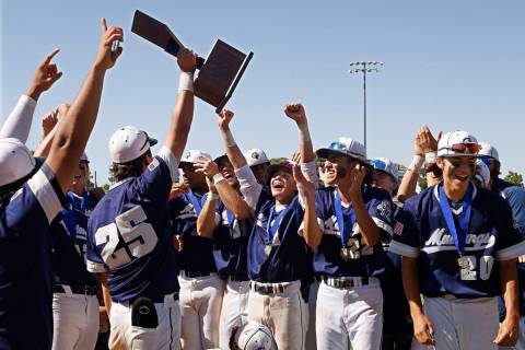 Shadow Ridge High School players celebrate their 5-1 victory against Legacy High School after t ...