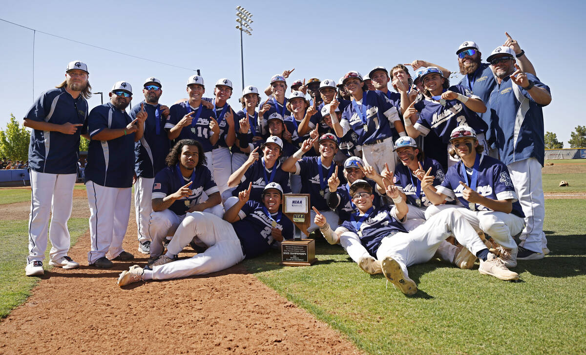 Shadow Ridge High School players pose with the trophy after their 5-1 victory against Legacy Hi ...