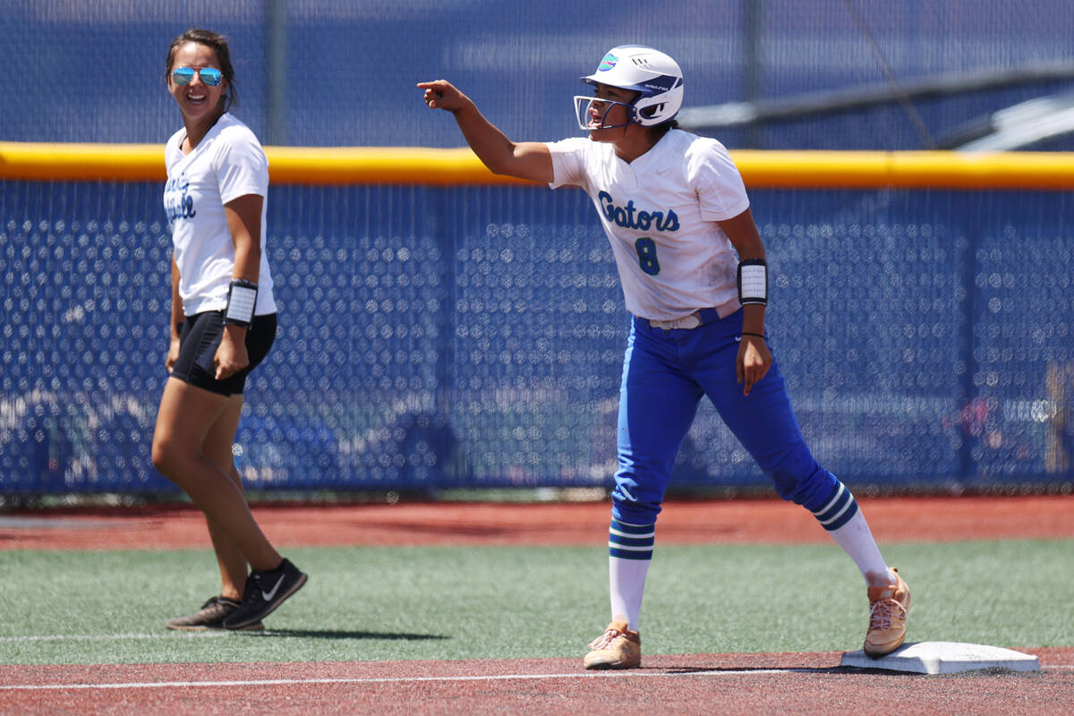 Green Valley's Liliana Esparza (8) reacts after hitting a triple in the Class 5A state softball ...