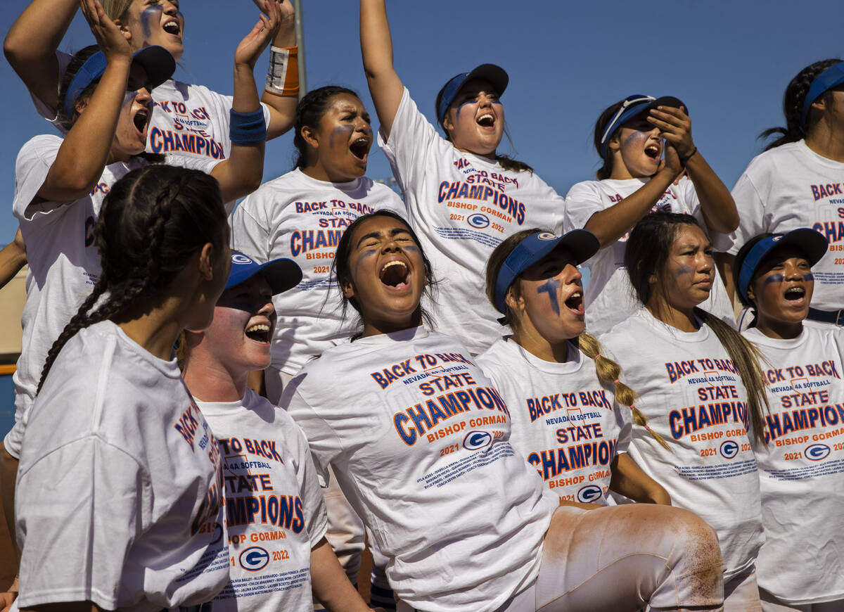 Bishop Gorman players celebrates after beating Silverado to win the Class 4A state softball cha ...