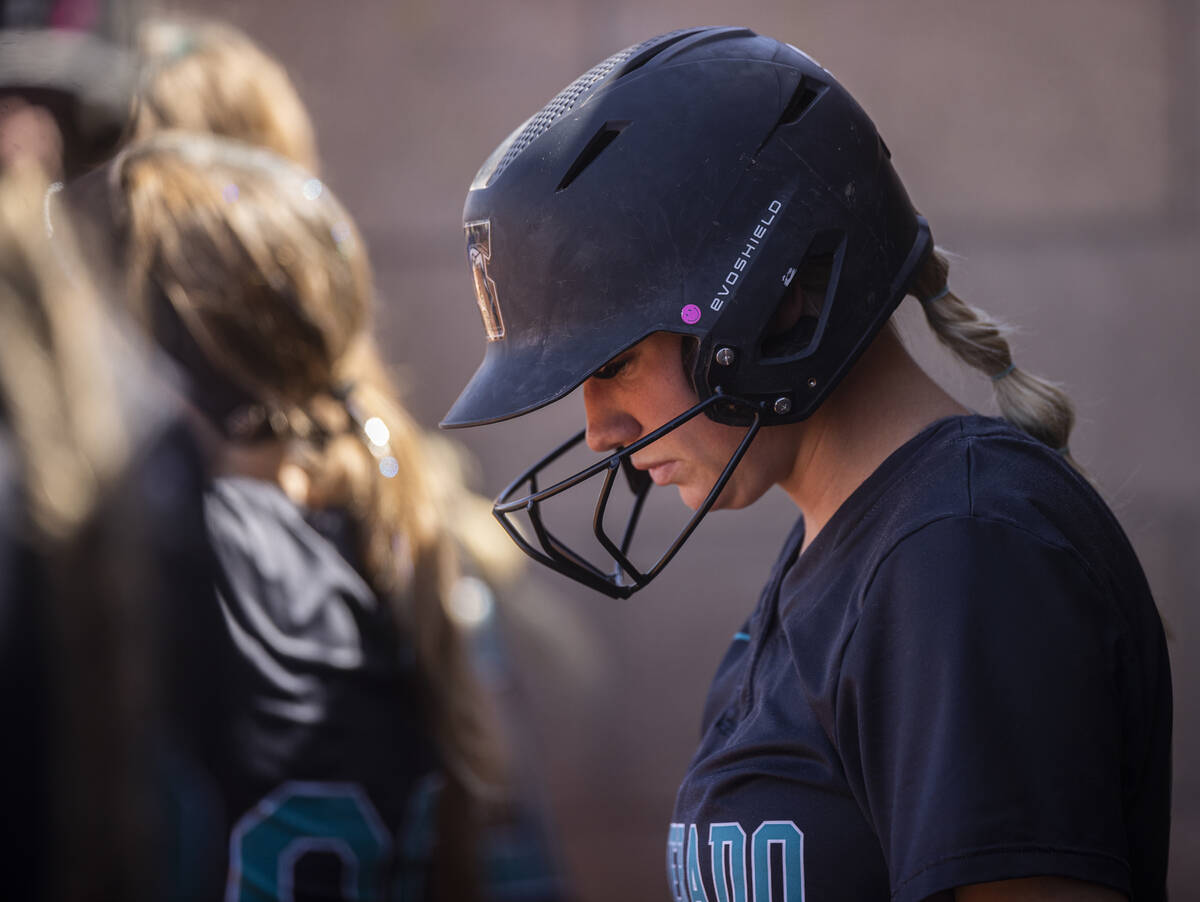 Silverado’s Paisley Magdaleno (21) waits in the dugout to bat during a Class 4A state so ...