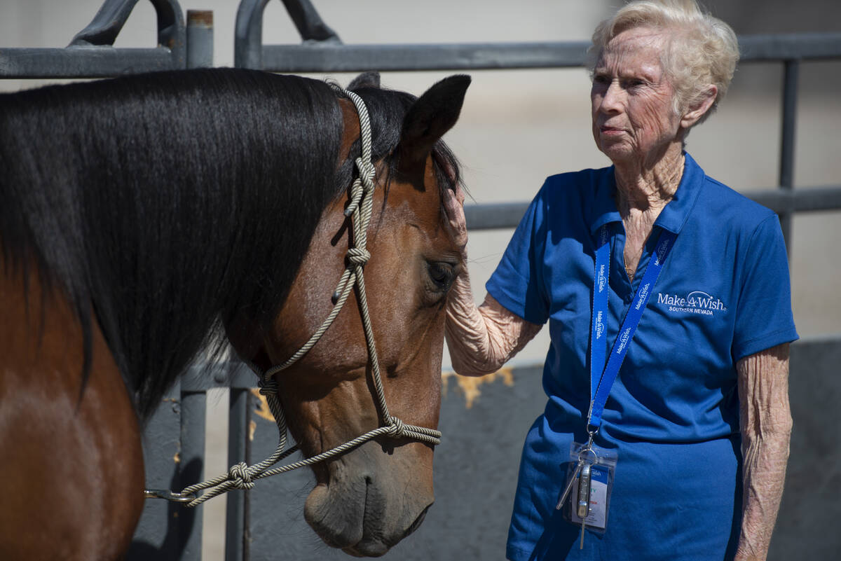 Betty Evans, a volunteer with Make-A-Wish Southern Nevada, pets Sierra before surprising Bailey ...