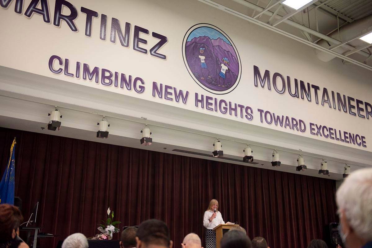 Diane Martinez, wife of the late Reynaldo Martinez, speaks at a tribute to her husband at Reyna ...