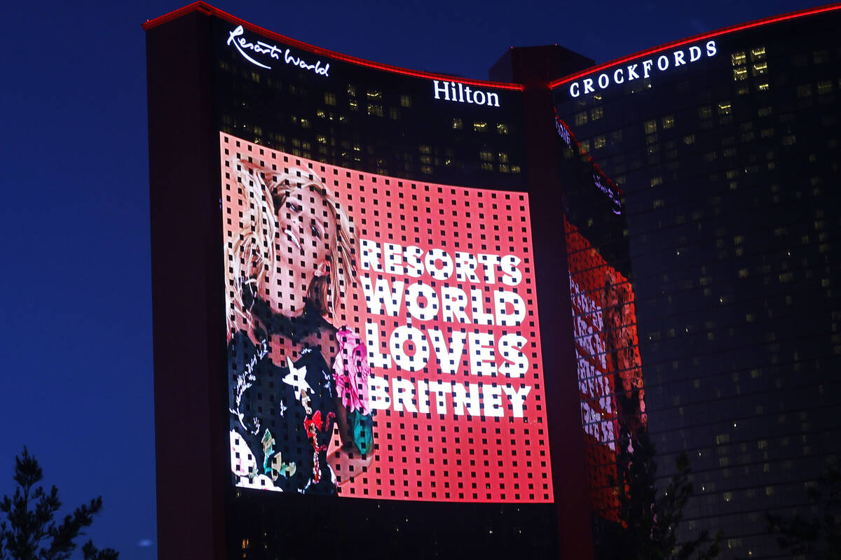 Britney Spears' image and welcome is projected Saturday night, May 21, 2022, on the side of the ...