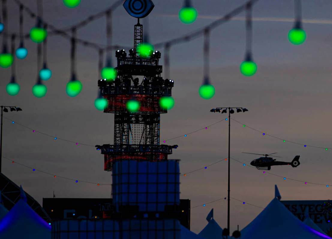 A helicopter prepares to land at Las Vegas Motor Speedway during day three of Electric Daisy Ca ...