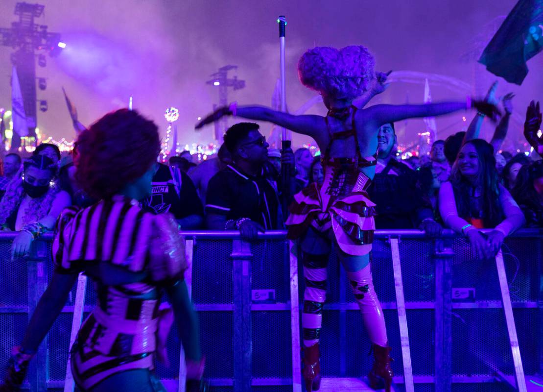 Performers join Tiesto on stage at Kinetic Field during the second day of the Electric Daisy Ca ...