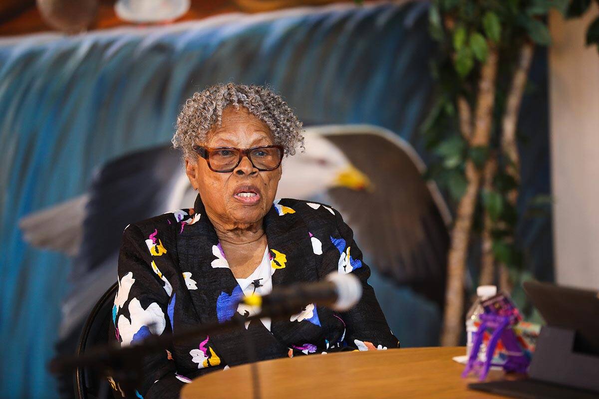 Opal Lee speaks at the All Thing Juneteenth reception at the West Las Vegas Arts Center in Las ...