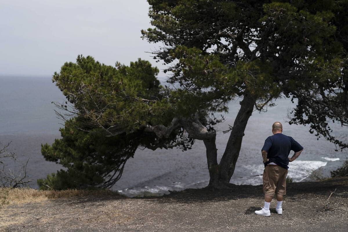 An onlooker stands near an ocean cliff in Palos Verdes Estates, Calif., Monday, May 23, 2022. F ...