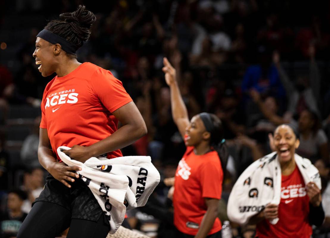 Aces guard Chelsea Gray (12) reacts to a big offensive play in the second half during a WNBA ba ...
