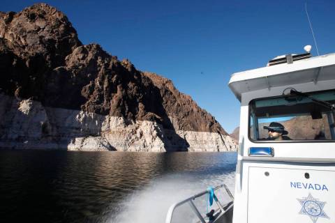 A bathtub ring of light minerals delineates the high water mark on Lake Mead near Boulder City, ...