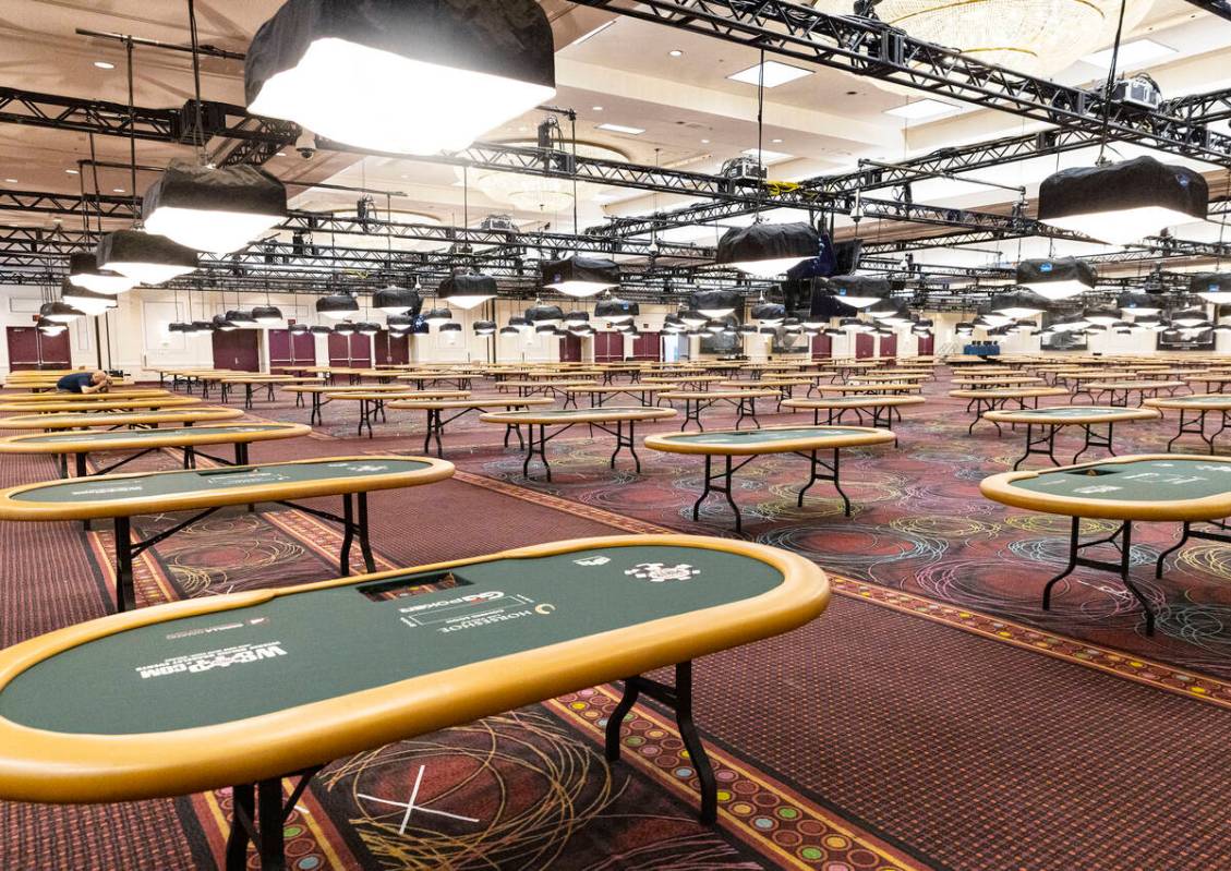 Poker tables are displayed during a media tour at Paris Las Vegas on Thursday May 26, 2022, in ...