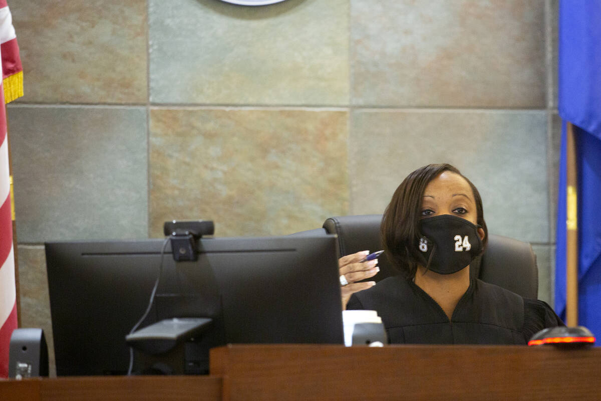 District Judge Tierra Jones presides over a court hearing for Sierra Halseth and Aaron Guerrero ...