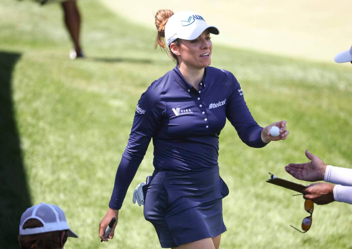 Gaby Lopez following her win at the 13th hole during the first round of Bank of Hope LPGA Match ...