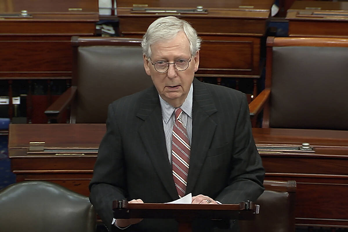 In this image from Senate Television, Senate Minority Leader Mitch McConnell of Kentucky, speak ...