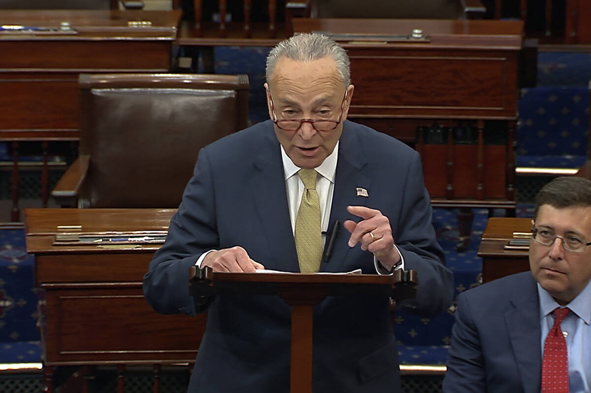 In this image from Senate Television, Senate Majority Leader Chuck Schumer of New York, speak o ...