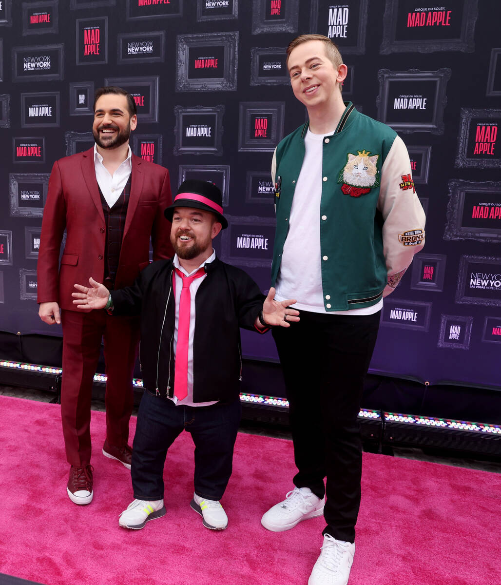 Comedian Harrison Greenbaum, from left, lead comedian Brad Williams and freestyle rapper Chris ...