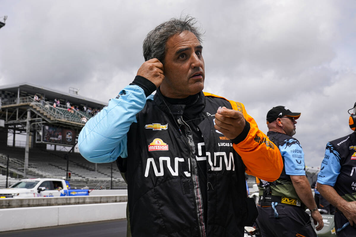 Juan Pablo Montoya, of Colombia, prepares to drive before the final practice for the Indianapol ...