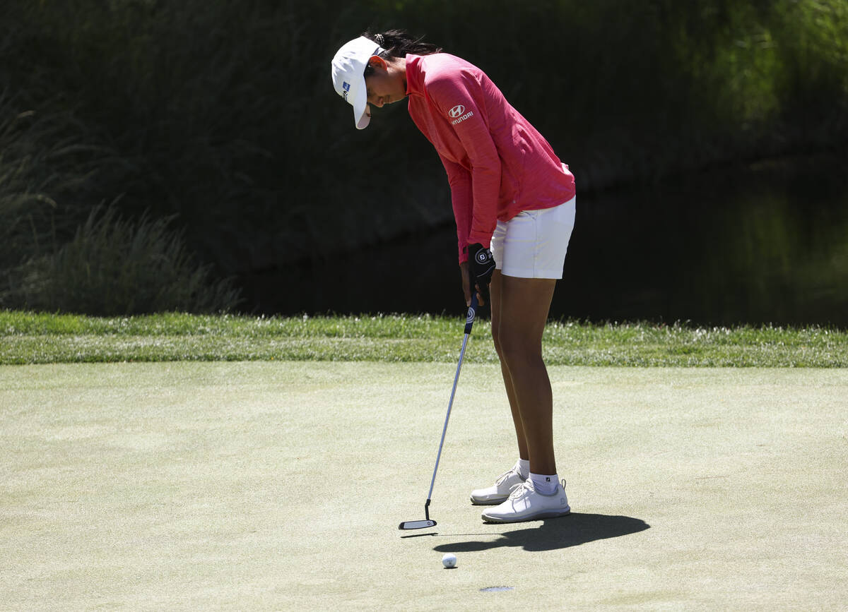 Aditi Ashok putts at the 14th hole during the second day of round-robin in the Bank of Hope LPG ...