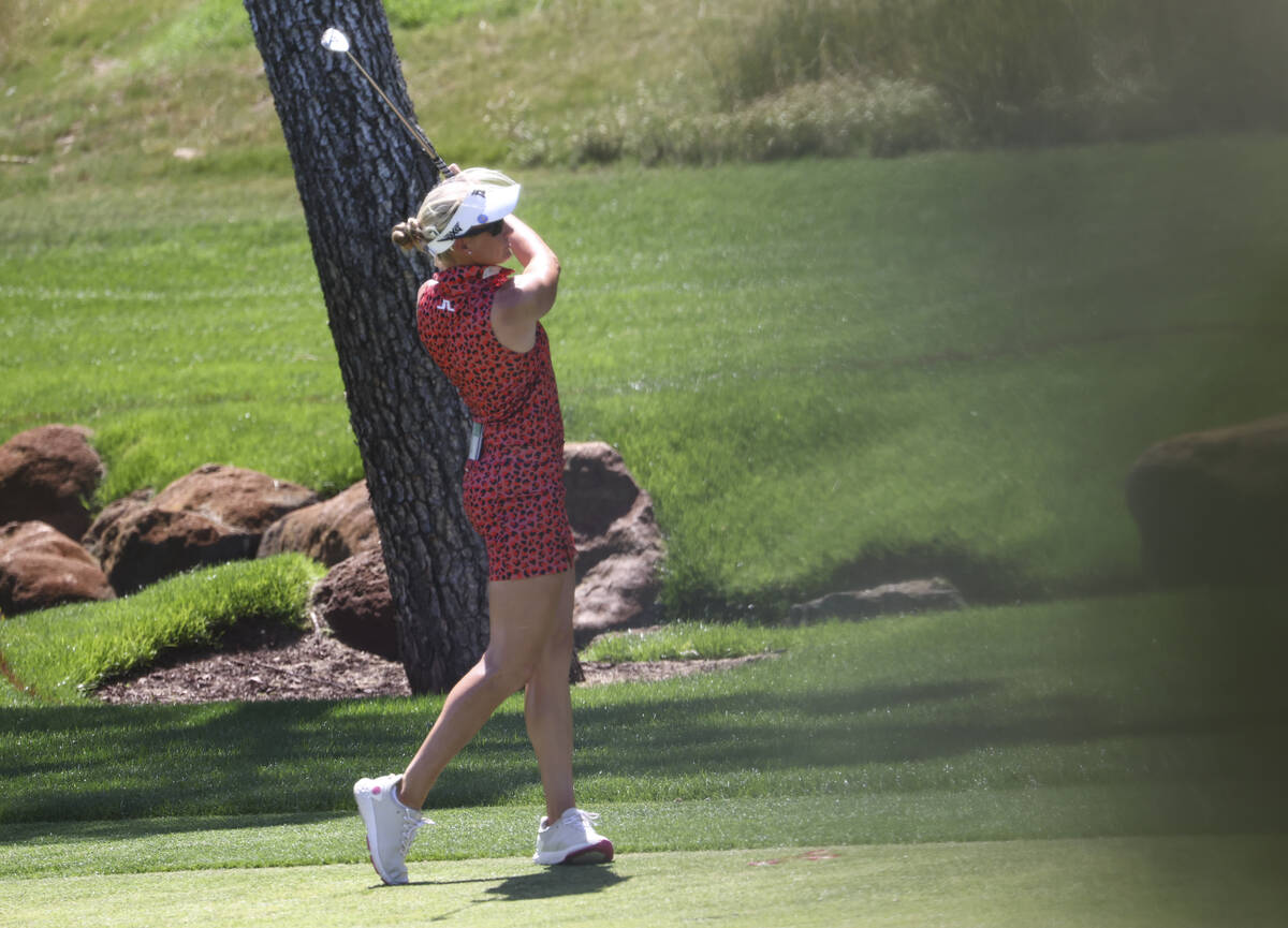 Ryann O'Toole watches her fairway shot at the 18th hole during the second day of round-robin in ...