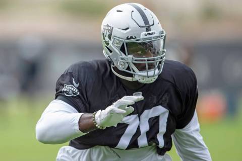 Raiders offensive tackle Alex Leatherwood (70) drills during a practice session at the Raiders ...