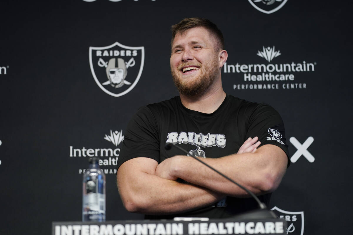 Las Vegas Raiders tackle Kolton Miller speaks during a news conference at the NFL football team ...