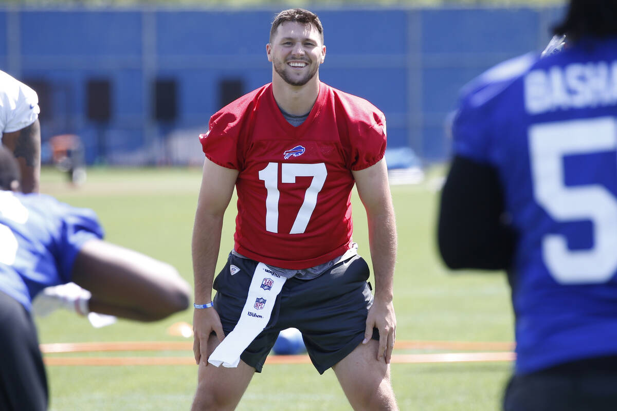 Buffalo Bills quarterback Josh Allen (17) warms up during an NFL football practice in Orchard P ...