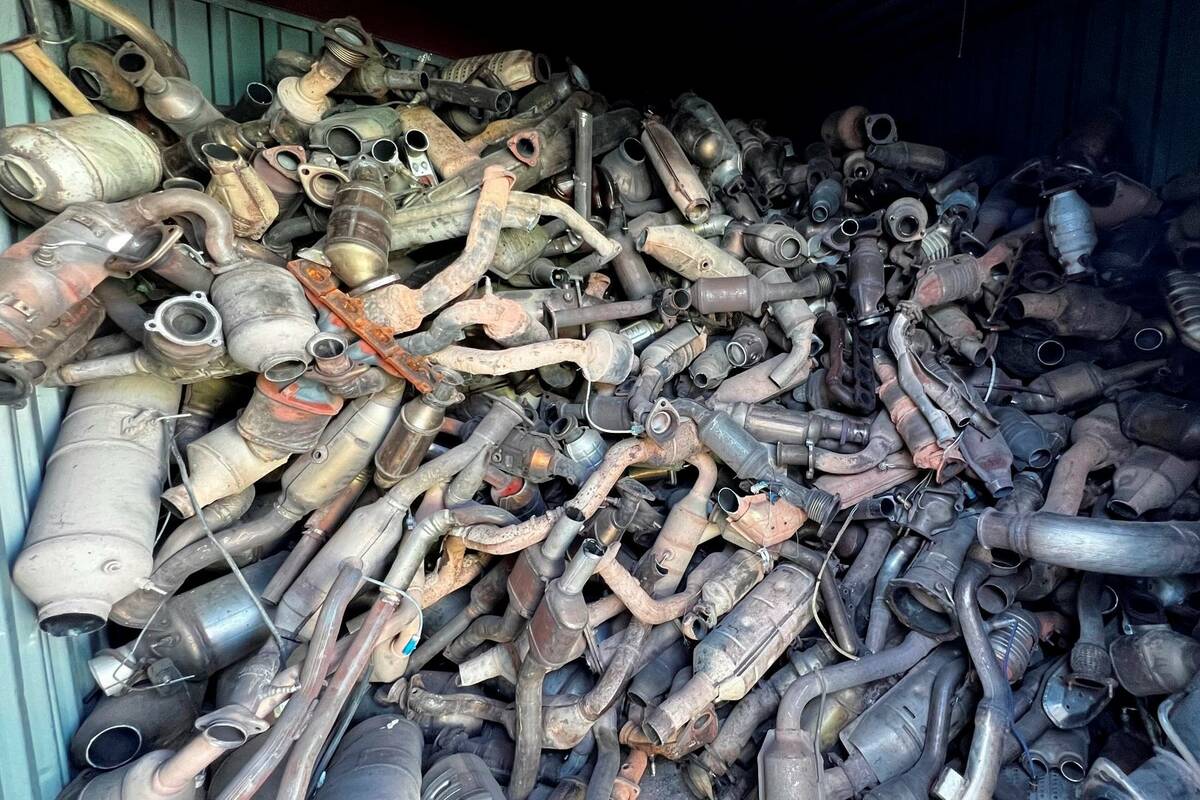This photo shows stolen catalytic converters that were recovered after detectives served a sear ...